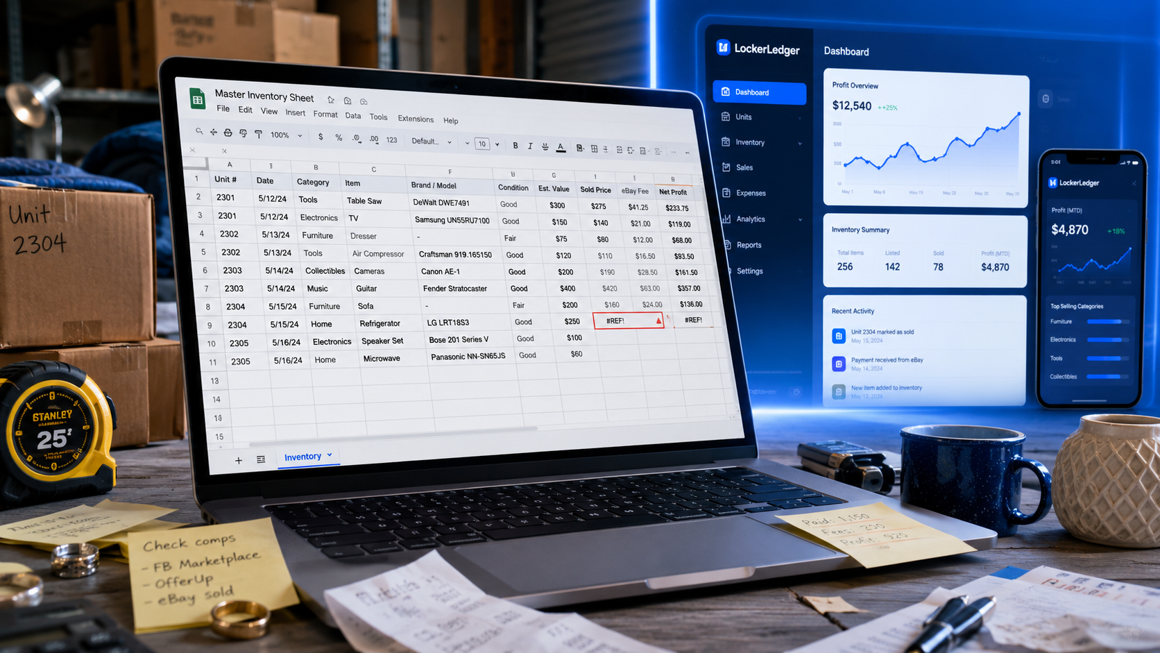 A cluttered storage unit flipping workspace with a broken inventory spreadsheet transforming into a clean LockerLedger dashboard.